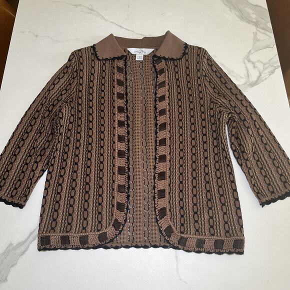 Ming Wang Sweater Cardigan Brown Black Open Front Metallic Thread Sz S Career - Picture 1 of 12